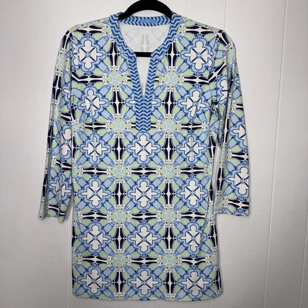 J. McLaughlin Women’s Catalina Cloth Tunic Top Blue Geometric Print Size Small